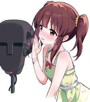 Rule 34 | 1girl, asmr, bare shoulders, binaural microphone, blush, breasts, brown hair, dress, heavy breathing, highres, idolmaster, idolmaster cinderella girls, jia wenyuan, microphone, neumann ku 100, ogata chieri, orange eyes, sidelocks, small breasts, smile, solo, twintails, upper body, whispering