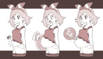 1girl akairo_(akairokk) belly big_belly bike_shorts bike_shorts_under_shorts bow_hairband breasts cropped_legs gen_3_pokemon hairband hand_on_own_stomach heart highres inside_creature may_(pokemon) nintendo open_mouth pokemon pokemon_oras sequential shorts small_breasts surprised torchic vore