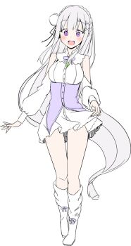 10s 1girl 2018 bare_shoulders blush boots braid breasts clothes_lift elf emilia_(re:zero) flower full_body grey_hair hair_flower hair_ornament hairclip highres large_breasts long_hair looking_at_viewer minato_yoshihiro miniskirt open_mouth pointy_ears purple_eyes re:zero_kara_hajimeru_isekai_seikatsu rose simple_background sketch skirt skirt_lift smile solo standing thighs very_long_hair white_background
