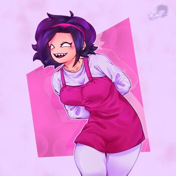1girl :d arms_behind_back artist_name black_hair breasts commentary cowboy_shot friday_night_funkin' hairband heart highres hloarts long_sleeves medium_breasts nene_(newgrounds) open_mouth overalls pantyhose pink_hairband pink_overalls sharp_teeth shirt short_hair short_hair_with_long_locks sidelocks smile solo teeth thighs upper_teeth_only white_eyes white_shirt