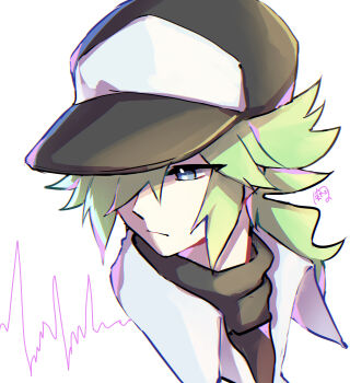 Rule 34 | 1boy, absurdres, bansookoo., baseball cap, black hat, black shirt, blue eyes, cardiogram, commentary request, green hair, hair over one eye, hat, highres, long sidelocks, looking to the side, low ponytail, male focus, n (pokemon), nintendo, one eye covered, partially unbuttoned, pokemon, pokemon bw, ponytail, portrait, shirt, shirt under shirt, sidelocks, turning head, upper body, white background