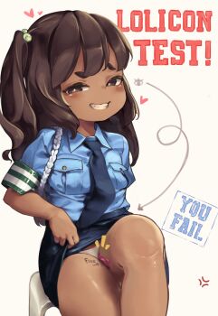 1girl anger_vein arrow_(symbol) blue_necktie blue_shirt blue_skirt body_writing breast_pocket breasts brown_eyes brown_hair clothes_lift condom condom_wrapper dark-skinned_female dark_skin driftingtiger english_text female_focus grin hair_bobbles hair_ornament half-closed_eyes heart highres knee_up lifting_own_clothes loli long_hair looking_at_viewer mesugaki miniskirt necktie one_side_up original panties pedophile pencil_skirt photo-referenced pocket shirt short_sleeves simple_background sitting skirt skirt_lift small_breasts smile solo teeth thick_eyebrows underwear white_background white_panties