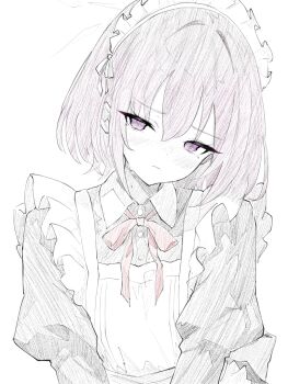 1girl @_@ apron blue_archive blush closed_mouth collared_dress dress hair_between_eyes halo koko_(user_hktv5235) looking_at_viewer maid maid_headdress neck_ribbon purple_eyes purple_hair red_ribbon ribbon simple_background solo subaru_(blue_archive) upper_body white_apron white_background