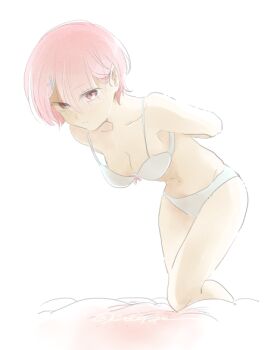 Rule 34 | 1girl, arms behind back, bed, bow, bra, breasts, cleavage, commentary request, dvddvd (meme), hair ornament, hair ribbon, knee up, leaning forward, looking at viewer, meme, no pants, no shirt, on bed, panties, pink bow, pink eyes, pink hair, ram (re:zero), re:zero kara hajimeru isekai seikatsu, ribbon, small breasts, strap, tukemono6, underwear, underwear only, white background, white bra, white panties, x hair ornament