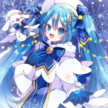 1girl :d blue_bow blue_bowtie blue_eyes blue_flower blue_hair blush bow bowtie capelet commentary_request double-parted_bangs dress flower fortissimo hair_between_eyes hair_bow hair_ornament hand_on_own_chest hat hatsune_miku highres kaho_0102 long_hair long_sleeves looking_at_viewer musical_note musical_note_hair_ornament open_mouth outstretched_arm rabbit_yukine smile snowflakes solo treble_clef twintails upper_body vocaloid white_capelet white_dress white_hat yuki_miku yuki_miku_(2021)