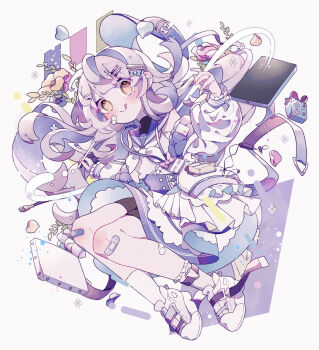 1girl :q absurdres bandaid bandaid_on_knee bandaid_on_leg bike_shorts blue_sailor_collar blunt_bangs blush closed_mouth commentary_request dress full_body grey_hair hand_up highres long_hair long_sleeves looking_at_viewer miniko_0325 neckerchief original sailor_collar sailor_dress shoes simple_background smile sneakers socks solo tongue tongue_out white_background white_dress white_neckerchief white_shoes white_socks yellow_eyes