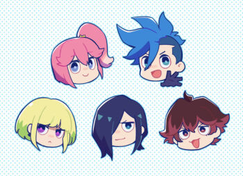 Rule 34 | 1girl, 4boys, :3, aina ardebit, black gloves, black hair, blue eyes, blue hair, brown eyes, brown hair, commentary request, cropped head, foxvulpine, frown, galo thymos, gloves, green hair, gueira, hair between eyes, hair over one eye, lio fotia, meis (promare), multiple boys, ponytail, promare, purple eyes, side ponytail, smile, undercut