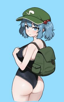 1girl ass backpack bag blue_background blue_hair closed_mouth cocktiel77 commentary curvy flat_cap green_hat hair_bobbles hair_ornament hat highres huge_ass kawashiro_nitori looking_at_viewer looking_back one-piece_swimsuit shiny_skin short_hair simple_background skindentation solo swimsuit touhou two_side_up wedgie wide_hips