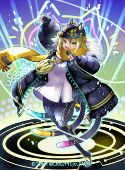 1girl black_gloves black_hat black_jacket black_thighhighs blonde_hair cat_girl cat_tail copyright_notice dress fingerless_gloves gloves hat holding holding_microphone jacket looking_at_viewer microphone multiple_tails nekozama_nana official_art open_mouth ren-co scarf short_hair smile solo tail teeth thighhighs upper_teeth_only white_dress wixoss yellow_eyes yellow_scarf