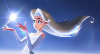 1girl bare_shoulders blue_eyes closed_mouth commentary dress elsa_(frozen) floating_hair frozen_(disney) frozen_ii_(disney) highres leepix_x long_hair long_sleeves pink_lips queen smile solo twitter_username upper_body white_hair