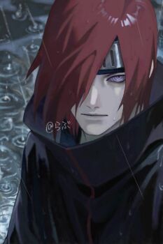 1boy akatsuki_uniform amegakure_symbol black_coat coat commentary_request expressionless forehead_protector hair_over_one_eye looking_at_viewer luv_chan55 male_focus nagato_(naruto) naruto_(series) naruto_shippuuden purple_eyes rain red_hair rinnegan short_hair solo upper_body
