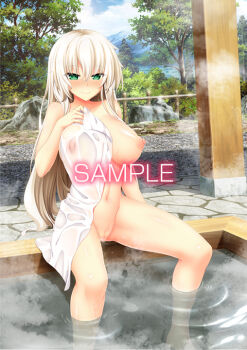 1girl alternate_hairstyle barefoot blush breasts closed_mouth cloud collarbone covered_erect_nipples day green_eyes holding holding_towel large_breasts long_hair looking_at_viewer navel nipples nora_to_oujo_to_noraneko_heart nude official_art onsen oozora_itsuki outdoors pussy_juice sample_watermark see-through_towel sitting sky smile soaking_feet solo stomach thighs towel tree water watermark wet wet_towel white_hair yuuri_shachi