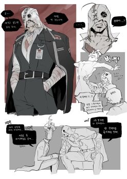 1boy 1girl 1other absurdres bandaged_arm bandages bear_shakra belt black_belt black_coat black_pants black_vest blonde_hair blue_eyes coat collared_shirt faceless hands_in_pockets highres id_card korean_text lifting_person limbus_company male_focus mask medium_hair multiple_views muscular muscular_male object_head oc_x_canon one_eye_covered open_clothes open_coat original outis_(project_moon) pants project_moon scar scar_on_face scar_on_mouth shirt simple_background speech_bubble spread_legs stitched_arm stitched_neck stitched_torso stitches translation_request vest white_background white_shirt