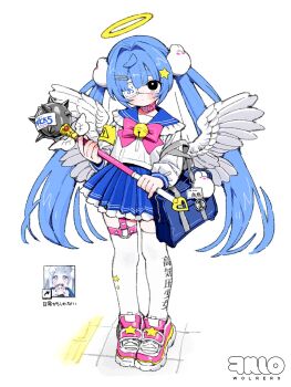 1girl angel angel_wings animal_collar armband bag bell black_eyes blue_hair blue_sailor_collar blue_skirt blush bow closed_mouth club club_(weapon) collar dot_mouth dot_nose eyepatch feathered_wings frilled_sailor_collar frills full_body hair_ornament hairclip halo highres holding holding_weapon icon_(computing) long_hair long_sleeves looking_at_viewer mace medical_eyepatch o-ring o-ring_thigh_strap original pink_bow pink_collar pink_shoes pleated_skirt sailor_collar school_bag school_uniform serafuku shirt shoes sign skirt sneakers solo spiked_club standing star_(symbol) star_hair_ornament thigh_strap thighhighs traditional_halo twintails very_long_hair warning_sign weapon white_background white_shirt white_thighhighs white_wings wings wolrero yellow_armband