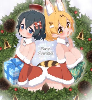 2girls :d absurdres alternate_costume animal_ear_fluff animal_ears ass ass-to-ass black_hair blonde_hair blue_eyes blush bow box breasts brown_eyes christmas cleavage commentary cowboy_shot detached_sleeves dress extra_ears fang fur-trimmed_dress fur-trimmed_sleeves fur_trim gift gift_box hair_between_eyes hair_bow highres holding holding_gift kaban_(kemono_friends) kemono_friends large_breasts looking_at_viewer medium_breasts merry_christmas mistletoe multiple_girls open_mouth ransusan red_bow red_dress santa_costume santa_dress serval_(kemono_friends) short_dress short_hair sleeveless smile strapless strapless_dress striped_tail tail