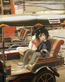 1girl 3mgomi :d animal_ears black_hair black_shirt bracelet bright_pupils commentary_request double-parted_bangs full_body grey_pants hair_between_eyes hand_up highres horse_ears horse_girl jewelry long_sleeves looking_at_viewer open_mouth pants photo_background shirt shoes short_hair sitting smile solo stay_gold_(umamusume) umamusume vehicle_request w white_pupils white_shoes yellow_eyes