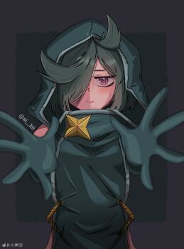 Rule 34 | 1girl, ai bii, anemo nemo, aqua gloves, aqua tabard, artist name, closed mouth, elbow gloves, embarrassed, female focus, gloves, green hair, grey background, hood, hood up, hooded tabard, leberblume, looking at viewer, mahou shoujo ni akogarete, medium hair, outstretched arms, pov, purple eyes, serious, simple background, solo, straight-on, tabard, upper body