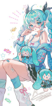 1girl absurdres ahoge animal_hood aqua_hair bandaid bandaid_on_knee bandaid_on_leg bare_shoulders blue_eyes blue_jacket blue_nails blue_shirt blue_socks blush blush_stickers bracelet braid candy character_doll commentary_request cross-laced_clothes cross-laced_jacket crossed_bandaids dated doll earrings feet_out_of_frame food frilled_skirt frills hair_intakes hair_ornament hair_ribbon hairpin hatsune_miku heart heart_earrings heart_print highres holding holding_stuffed_toy hood invisible_chair jacket jewelry kneehighs leg_warmers long_sleeves looking_at_viewer memory_mie miniskirt multiple_hairpins notice_lines off_shoulder open_mouth pink-framed_eyewear pink_ribbon pom_pom_(clothes) rabbit_hood ribbon shirt sidelocks signature sitting skirt socks solo spaghetti_strap star_(symbol) star_print stuffed_toy teardrop-framed_glasses twin_braids vocaloid white_leg_warmers wrapped_candy x_hair_ornament