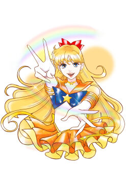 Rule 34 | 1girl, :d, absurdres, aino minako, bishoujo senshi sailor moon, bishoujo senshi sailor moon stars, blonde hair, blue bow, blue eyes, bow, brooch, choker, circlet, collarbone, cowboy shot, double v, earrings, elbow gloves, foreshortening, gloves, hair bow, half updo, highres, jewelry, lips, long hair, looking at viewer, magical girl, open mouth, orange choker, orange sailor collar, orange skirt, outstretched arms, puffy short sleeves, puffy sleeves, rainbow, red bow, sailor collar, sailor senshi uniform, sailor venus, short sleeves, skirt, smile, solo, star (symbol), star brooch, star choker, star earrings, super sailor venus (stars), takeuchi naoko, v, wheather, white background, white gloves, yellow choker