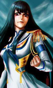 1girl angry artist_logo black_eyes black_hair blue_sky blunt_bangs breasts chromatic_aberration clenched_hand closed_mouth cowboy_shot dress eyelashes frown highres junketsu kill_la_kill kiryuuin_satsuki lips logo long_hair looking_down medium_breasts nose outdoors sidelocks sky solo sozomaika thick_eyebrows third-party_source very_long_hair white_dress