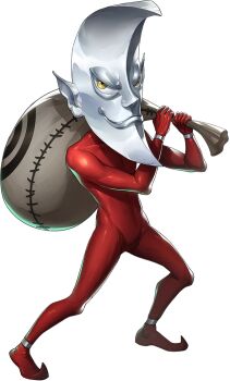 1boy artist_request bodysuit closed_mouth demon_(megami_tensei) holding holding_sack metal_anklet metal_bracelet official_art persona persona_5 persona_5:_the_phantom_x pointy_ears pointy_shoes red_bodysuit sack sack_behind_back sandman_(megami_tensei) shin_megami_tensei shoes smile solo third-party_source transparent_background yellow_eyes