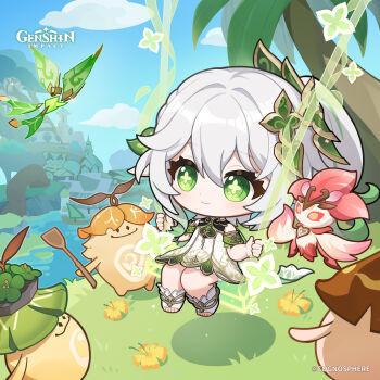 1girl absurdres aranara_(genshin_impact) blue_sky boots building chibi closed_mouth cloud commentary copyright_name crystalfly_(genshin_impact) day detached_sleeves dress english_commentary flower genshin_impact gradient_hair green_eyes green_hair hair_between_eyes hair_intakes hair_ornament hands_up highres light_smile looking_ahead multicolored_hair nahida_(genshin_impact) official_art open-toe_boots orange_flower outdoors river sitting sky sleeveless sleeveless_dress sorush_(genshin_impact) symbol-shaped_pupils tree water white_boots white_dress