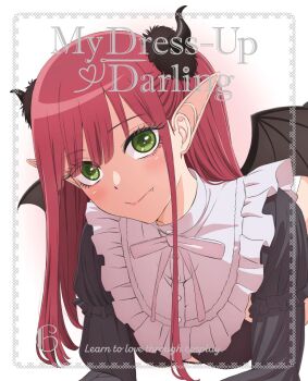 1girl bat_wings black_bra bra breasts commentary_request copyright_name cosplay demon_girl demon_horns demon_wings fake_pointy_ears fang frilled_shirt frills green_eyes highres horn_scrunchie horns ishida_kazumasa kitagawa_marin long_hair long_pointy_ears long_sleeves looking_at_viewer lying medium_breasts official_art on_stomach pointy_ears puffy_long_sleeves puffy_sleeves red_hair rizu-kyun rizu-kyun_(cosplay) sharp_teeth shirt simple_background smile sono_bisque_doll_wa_koi_wo_suru teeth underwear white_background wings