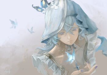 1girl blue_butterfly blue_hair blue_nails blue_veil bug butterfly chucky_(chucky1000sun) closed_mouth colored_eyelashes commentary hair_between_eyes hand_up insect long_hair nail_polish purple_eyes shorekeeper_(wuthering_waves) solo two-tone_veil upper_body veil white_veil wuthering_waves