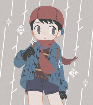 1boy arm_at_side backwards_hat black_eyes black_gloves black_hair black_shorts blue_coat coat gloves grey_background hat long_sleeves male_focus mother_(series) mother_1 ninten nintendo pac-man_eyes red_scarf scarf shirt shorts solo standing striped_clothes striped_shirt tanba_(tanba-art)