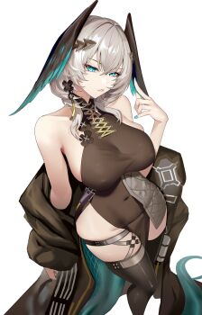 0dd 1girl absurdres aqua_eyes aqua_feathers aqua_nails aqua_wings arknights breasts covered_navel feathered_wings head_wings highres ho&#039;olheyak_(arknights) large_breasts long_tail simple_background snake_girl snake_tail solo tail two-tone_feathers two-tone_wings white_background wings