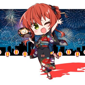 1girl aerial_fireworks alternate_costume alternate_hairstyle arm_up black_kimono blush bocchi_the_rock! chibi chibi_only chika_(06chimika13) commentary_request fireworks full_body hair_between_eyes hand_fan holding holding_fan japanese_clothes kimono kita_ikuyo lantern looking_at_viewer one_eye_closed open_mouth paper_lantern sandals shadow short_hair sidelocks smile solo