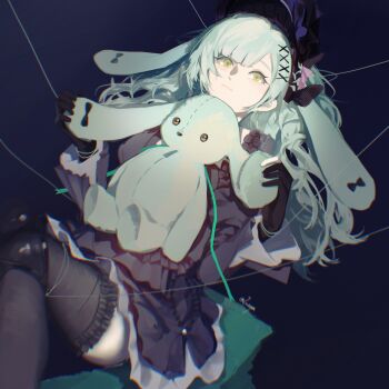 1girl absurdres animal_ears arknights bang_dream! bang_dream!_it&#039;s_mygo!!!!! black_bonnet black_dress black_gloves black_thighhighs bonnet chinese_commentary closed_mouth commentary_request doll_joints dress floppy_ears gloves gothic_lolita green_hair hair_ornament highres holding holding_stuffed_toy joints lolita_fashion long_hair long_sleeves looking_at_viewer luoyx lying on_back puppet_strings rabbit_ears rabbit_girl sidelocks solo stuffed_animal stuffed_rabbit stuffed_toy thighhighs wakaba_mutsumi wakaba_mutsumi_(marionette&#039;s_id) x_hair_ornament yellow_eyes