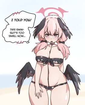 1girl aged_up bikini black_bikini black_bow black_choker black_wings blue_archive blush body_markings bow breasts choker cleavage embarrassed english_text gluteal_fold halo head_wings koharu_(blue_archive) koharu_(swimsuit)_(blue_archive) large_breasts mabufuyo medium_hair navel official_alternate_costume open_mouth pink_eyes pink_hair pink_halo skindentation solo spoken_blush swimsuit thick_thighs thighs twintails underboob undersized_clothes wide_hips wings