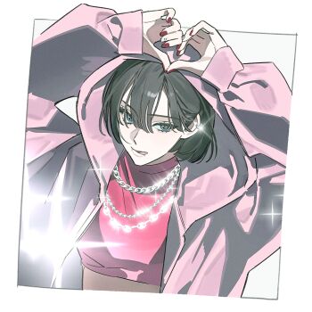 1girl arms_up black_hair blue_eyes border chain chain_necklace crop_top evodtonaeco hair_between_eyes heart heart_hands highres hood hooded_jacket jacket jewelry long_sleeves looking_at_viewer nail_polish necklace open_clothes open_jacket original pink_jacket pink_shirt red_nails shirt short_hair solo sparkle tongue upper_body