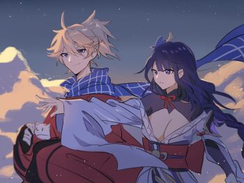 1boy 1girl animal arm_up armor asymmetrical_sleeves back_bow blonde_hair blue_pupils blue_scarf bow braid breasts bridal_gauntlets cat chinese_commentary cleavage closed_mouth clothing_cutout cloud cloudy_sky couple curly_hair dawn friends from_side genshin_impact hair_between_eyes hair_flowing_over hair_ornament head_tilt high_ponytail highres holding huge_breasts japanese_clothes kazuha&#039;s_friend_(genshin_impact) kimono large_breasts long_braid long_hair long_sleeves mengaijiang924 mole mole_under_eye multicolored_hair neck_ribbon night night_sky off_shoulder outdoors parted_lips ponytail purple_eyes purple_hair purple_kimono raiden_shogun red_ribbon red_sash ribbon sash scarf shade shoulder_armor shoulder_cutout single_braid sky standing star_(sky) streaked_hair uneven_sleeves upper_body wide_sleeves