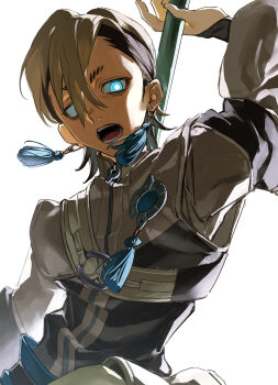 1boy 333takoyaki absurdres arm_up black_hair blue_eyes brown_hair commentary_request earrings gachiakuta hair_between_eyes highres holding holding_weapon jewelry long_sleeves male_focus multicolored_hair open_mouth simple_background solo tassel tassel_earrings upper_body weapon white_background zanka_nijiku