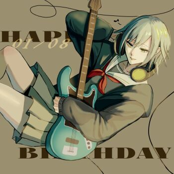 1girl 74shln bass_guitar cable closed_mouth collarbone commentary cowboy_shot dated eighth_note english_commentary fender_jazz_bass green_eyes grey_hair grey_serafuku grey_shirt grey_skirt hair_between_eyes hand_on_headphones happy_birthday headphones headphones_around_neck highres hinomori_shiho holding holding_bass_guitar holding_instrument hood hood_down hooded_jacket instrument jacket listening_to_music long_sleeves midair miyamasuzaka_girls'_academy_school_uniform musical_note neckerchief open_clothes open_jacket pleated_skirt project_sekai red_neckerchief sailor_collar school_uniform serafuku shirt short_hair sidelocks simple_background skirt sleeves_past_wrists smile solo spoken_musical_note white_sailor_collar