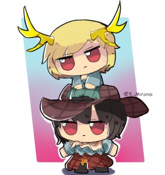 7-mirano antlers bandana black_wings blonde_hair blue_shirt brown_hat cowboy_hat dragon_girl dragon_horns feathered_wings fumo_(doll) green_scales hat highres horns kicchou_yachie kurokoma_saki looking_at_viewer pegasus_wings red_eyes shirt short_hair solo touhou turtle_shell twitter_username white_bandana wings yellow_horns