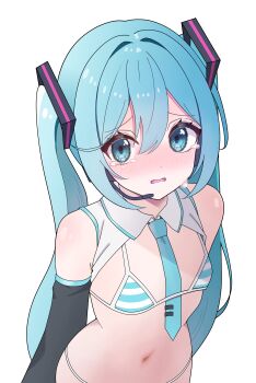 1girl absurdres aqua_eyes aqua_hair bare_shoulders bikini blush breasts detached_collar detached_sleeves embarrassed fang hair_between_eyes hair_ornament hatsune_miku headset highres long_hair looking_at_viewer micro_bikini microphone miku_collar_bikini navel odorukaminoke open_mouth raised_eyebrows simple_background skin_fang small_breasts solo striped_bikini striped_clothes swimsuit tearing_up tears twintails upper_body vocaloid white_background