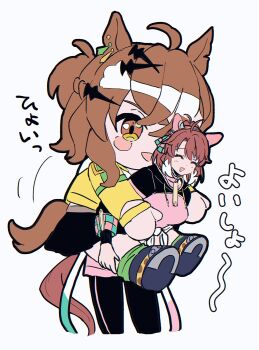 Rule 34 | 1girl, ahoge, animal ears, black leggings, black skirt, blush, blush stickers, bow, breasts, brown eyes, brown hair, carrying, character doll, checkered ribbon, closed eyes, dantsu flame (center spotlight) (umamusume), dantsu flame (umamusume), doll, ear covers, ear ornament, ear ribbon, hair between eyes, hair ornament, hairclip, highres, holding, holding doll, horse ears, horse girl, horse tail, jacket, jewelry, jungle pocket (champion's battle cry) (umamusume), jungle pocket (umamusume), large breasts, leggings, leggings under shorts, long sleeves, medium hair, multicolored hair, notched ear, open mouth, piggyback, pink shirt, pink shorts, sanayama (thou uoht), shirt, shorts, shrug (clothing), simple background, skirt, smile, tail, tied shirt, umamusume, white background, white hair, yellow eyes, yellow jacket