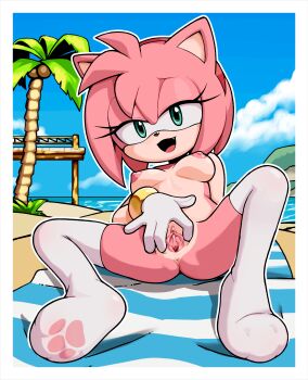 1girl absurdres amy_rose animal_nose anus beach breasts furry furry_female gato_del_futuro green_eyes hairband hedgehog_girl highres lying medium_breasts nipples nude on_back palm_tree pawpads pink_fur pink_hair pussy red_hairband smile solo sonic_(series) spread_legs spread_pussy spreading_own_pussy thighhighs towel tree uncensored urethra white_thighhighs