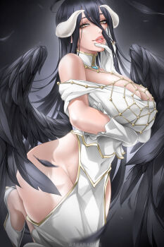 1girl absurdres albedo_(overlord) black_feathers black_hair black_wings breasts clothing_cutout commentary demon_girl demon_horns dress english_commentary feathered_wings feathers gloves highres hip_vent horns large_breasts lips long_hair low_horns low_wings no_panties overlord_(maruyama) solo very_long_hair white_dress white_gloves white_horns wide_hips wings wtparadise yellow_eyes