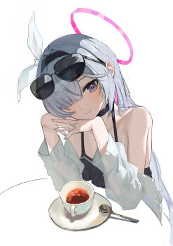 1girl absurdres alternate_costume bare_shoulders black_eyes black_hairband black_shirt black_tank_top blue_archive colored_inner_hair commentary cup eyewear_on_head frilled_shirt frills grey_nails hair_over_one_eye hairband halo highres interlocked_fingers jacket jacket_partially_removed long_sleeves looking_at_viewer multicolored_hair pink_hair pink_halo plana_(blue_archive) red_pupils round_table saucer shirt simple_background sitting smile solo sunglasses swimsuit table tank_top tea teacup teaspoon tinted_eyewear white_background white_hair white_jacket yu_jing_(047681ane)