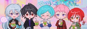 Rule 34 | !, !!, > <, 5boys, :d, absurdres, ahoge, aqua hair, asymmetrical hair, belt, belt buckle, bitter, black belt, black hair, black jacket, black shirt, blue sleeves, blush, braid, buckle, chibi, chibi only, coat, coffee, colorful background, commentary request, crossed bangs, cup, drinking, drinking straw, earrings, ensemble stars!, flying sweatdrops, green jacket, grey pants, grey shirt, hair between eyes, hair bun, hibiki wataru, highres, holding, holding cup, holding with hair, itsuki shu, jacket, jewelry, kk2z, korean commentary, layered sleeves, long hair, looking at another, male focus, medium hair, multicolored hair, multicolored jacket, multiple boys, necklace, open mouth, orange eyes, outdoors, pants, pink hair, prehensile hair, purple eyes, purple shirt, raised inner eyebrows, red coat, red eyes, red hair, red pants, sakasaki natsume, sakuma rei (ensemble stars!), shinkai kanata, shirt, short bangs, side braid, single side bun, small sweatdrop, smile, speech bubble, spoken food, streaked hair, stud earrings, sugar cube, sweater, the oddballs (ensemble stars!), trembling, white streaks, white sweater