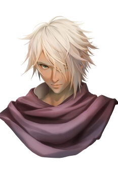 1boy closed_mouth commentary green_eyes hair_over_one_eye highres looking_at_viewer male_focus octopath_traveler octopath_traveler_i purple_scarf redpoke scarf shirt short_hair solo therion_(octopath_traveler) upper_body white_background white_shirt