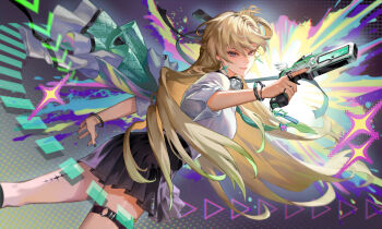 Rule 34 | 1girl, black skirt, blonde hair, breasts, closed mouth, colorful background, commentary, headphones, headphones around neck, highres, holding, jacket, long hair, looking at viewer, looking back, lynae (wuthering waves), medium breasts, purple eyes, shirt, skirt, smile, solo, tacet mark (wuthering waves), thighs, white jacket, white shirt, wuthering waves, yangdeer