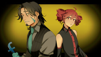 Rule 34 | 1boy, 1girl, ahoge, arm belt, black eyes, black hair, black shirt, black vest, blue hands, blue necktie, collared shirt, detached sleeves, drill hair, facial hair, frimomen (voicepeak), goatee, grey shirt, highres, holding, kasane teto, kasane teto (utau), medium hair, necktie, parted bangs, red eyes, red hair, scar, scar on face, scared, shirt, sirokuman17, sleeveless, sleeveless shirt, striped clothes, striped vest, sweatdrop, synthesizer v, twin drills, utau, vest, voicepeak, yellow background