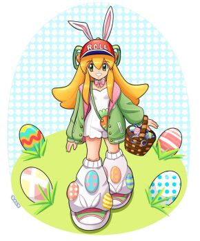 1girl alternate_costume android animal_ears armored_boots bare_shoulders baseball_cap blonde_hair blush boots bow bowtie breasts buttons carrot carrot_bag deniacp detached_collar easter_egg egg flipped_hair food food-themed_bag grass green_eyes green_jacket green_ribbon hair_behind_ear hat highres jacket knee_boots kneehighs leotard letterman_jacket long_hair long_sleeves looking_to_the_side loose_socks mechanical_boots mega_man_(classic) mega_man_(series) mega_man_x_(series) mega_man_x_dive official_alternate_costume open_clothes open_jacket pink_bow pink_bowtie ponytail puffy_long_sleeves puffy_sleeves quilted_bag rabbit_ears red_hat ribbon robot_girl roll_(mega_man) shoes sidelocks small_breasts smile socks strapless strapless_leotard teeth walking white_leotard white_shoes white_socks