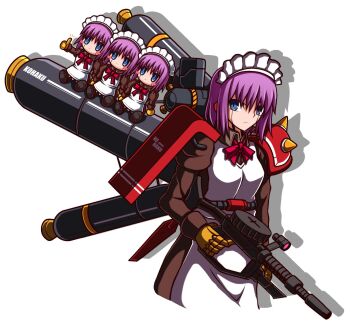 Rule 34 | 1girl, alternate costume, apron, bazooka (gundam), blue eyes, character name, cosplay, gundam, gundam thunderbolt, highres, holding, holding weapon, light frown, maid, maid headdress, mecha, mecha hisui, melty blood, mobile suit, purple hair, robot, sakurello, science fiction, short hair, shoulder spikes, simple background, solo, spikes, tsukihime, weapon, white background, zaku ii, zaku ii (reuse p device), zaku ii (reuse p device) (cosplay)