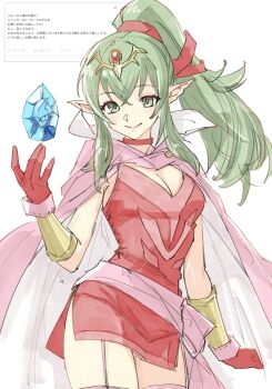 1girl \||/ absurdres armpit_crease bracer breasts cape choker cleavage clenched_hand closed_mouth commentary_request cowboy_shot crossed_bangs dress fire_emblem fire_emblem_awakening floating floating_object garter_straps gloves green_eyes green_hair green_pupils hair_between_eyes hair_tie hand_up high_collar highres large_breasts long_hair long_sidelocks nintendo pink_cape pink_sarong plamja_jukov pointy_ears ponytail red_choker red_dress red_gloves request_inset sarong side_slit sidelocks simple_background smile solo standing thighs tiara tiki_(adult)_(fire_emblem) tiki_(fire_emblem) white_background